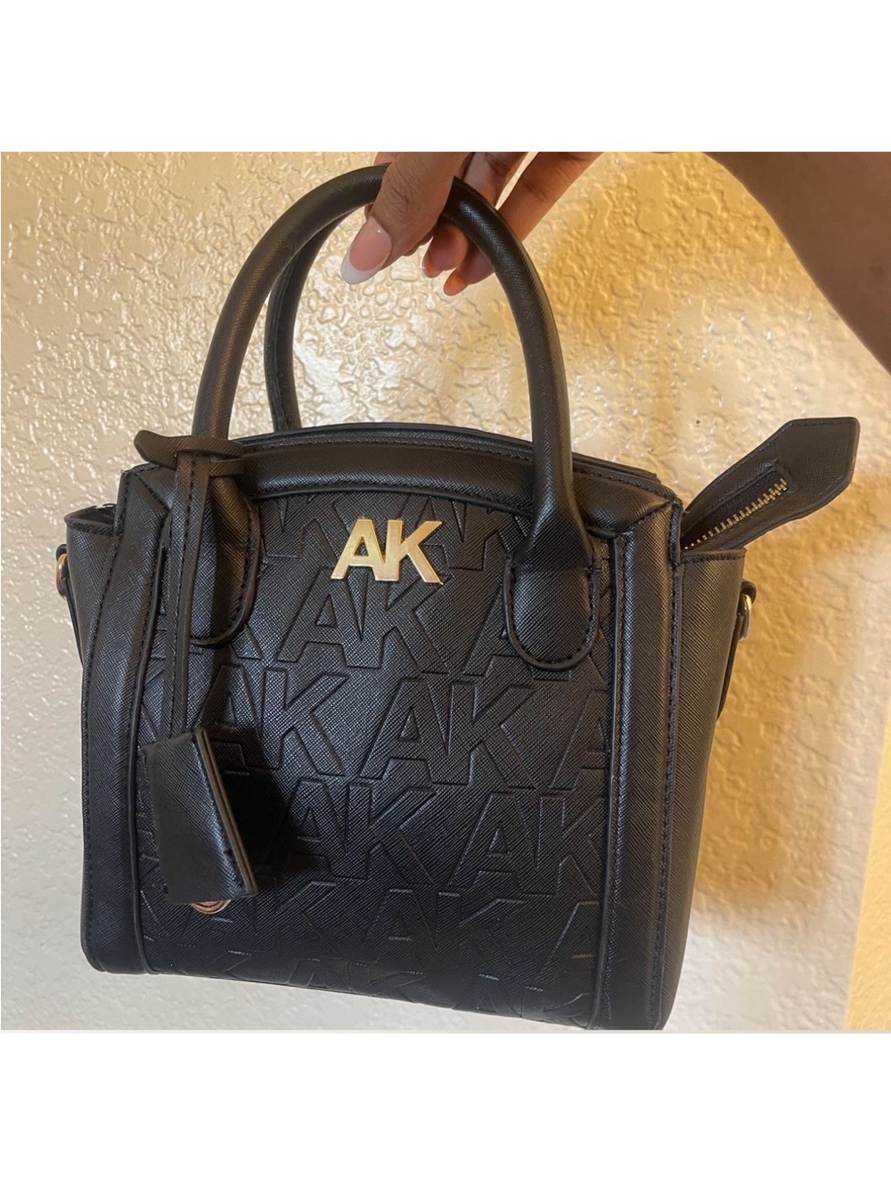Anne Klein Black Embossed AK Logo Satchel with Gold Hardware